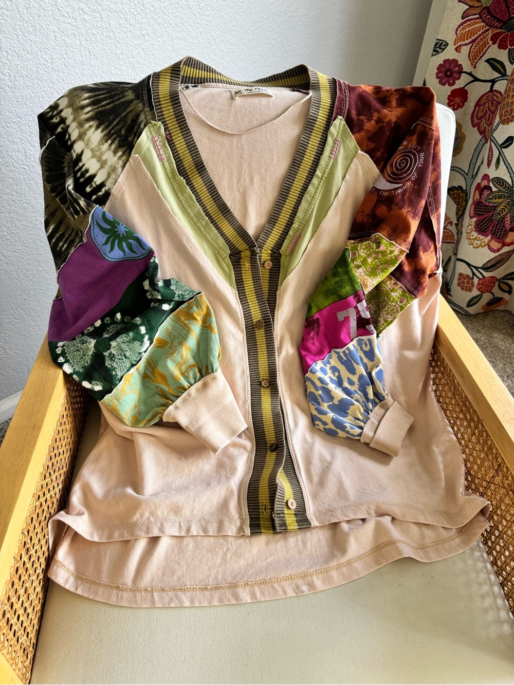 We The Free Beige, Olive, Brown Striped Collar Patchwork Top